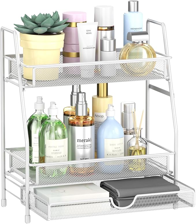 LEMIKKLE 2-Tier Bathroom Counter Organizer with Drawers, Multi-Purpose Makeup Organizer Countertop, Large Skincare Organizers, Exquisite Vanity Shelf