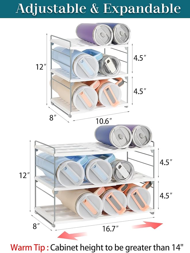 Upgraded Large Expandable Water Bottle Organizer for 40 oz Stanley, Owala & Yeti Tumblers, Adjustable Storage Rack for Travel Mug Cabinet, Pantry, and Kitchen Organization, Fits 20/30 oz Bottles Too