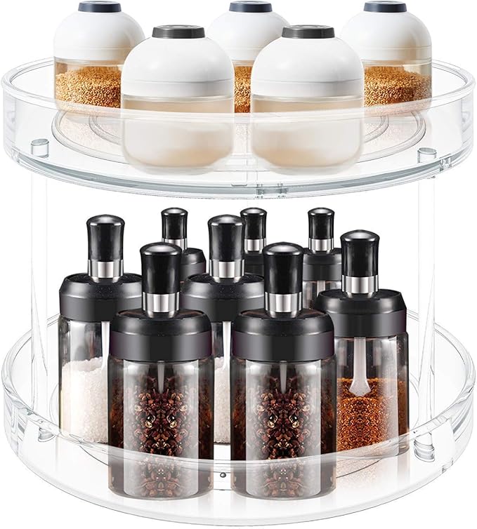 VAEHOLD 2 Tier Lazy Susan Turntable Spice Rack Organizer for Kitchen Cabinet, Farmhouse Tiered Tray Decorative Trays for Fruit, Snacks - Organizer for Cupboard, Pantry, Bathroom, Table