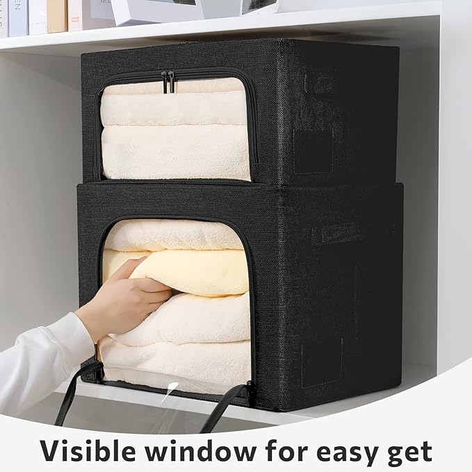 FHSQX 2 Pack Clothes Storage Bins Stackable Metal Frame Storage Box Foldable Linen Fabric Box Organizer with Carrying Handles and Clear Window (Black, 15.7x 11.8x 11.7 Inch)
