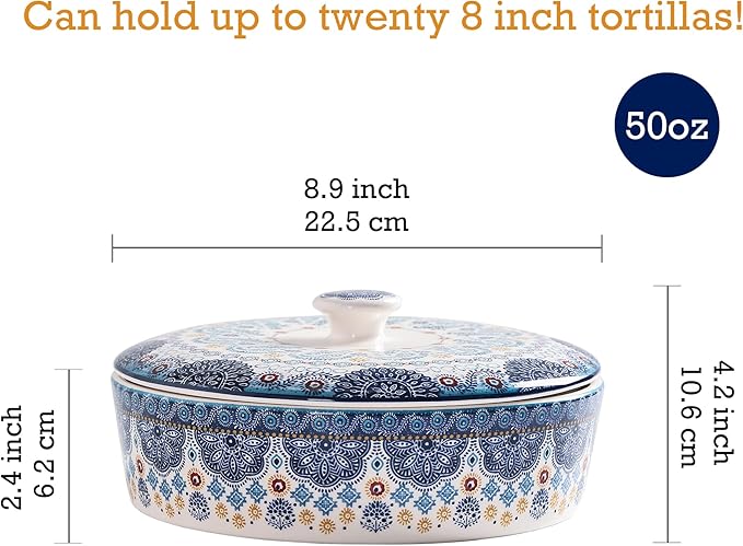 Bico Blue Talavera Ceramic Tortilla Warmer, 8.9 Inch Tortilla Holder with Lid for Taco Bread Pancake for Mexican Night and Party, Microwave and Dishwasher Safe