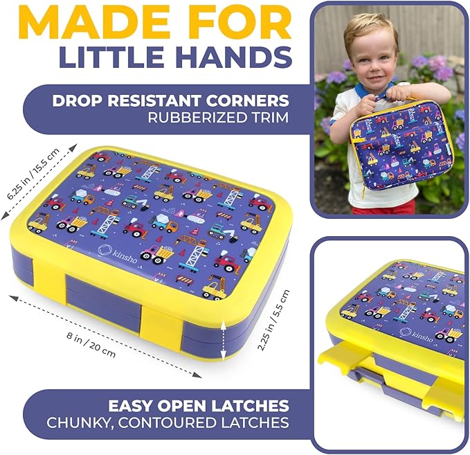 Bento Box, Insulated Lunch Bag, Ice Pack & Water Bottle Set for Kids - 5 Compartments, Lunches or Snack Container Boys Toddlers Daycare Pre-School, Kindergarten Blue Yellow Trucks