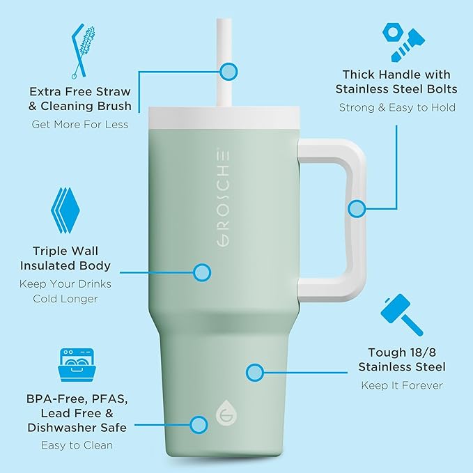 GROSCHE ASPEN 32 oz Tumbler with Handle and Straw. Extreme Insulation, Classy Design, Built to Last Insulated Stainless Steel Tumbler with Handle, Lid and Straw - Seafoam Green