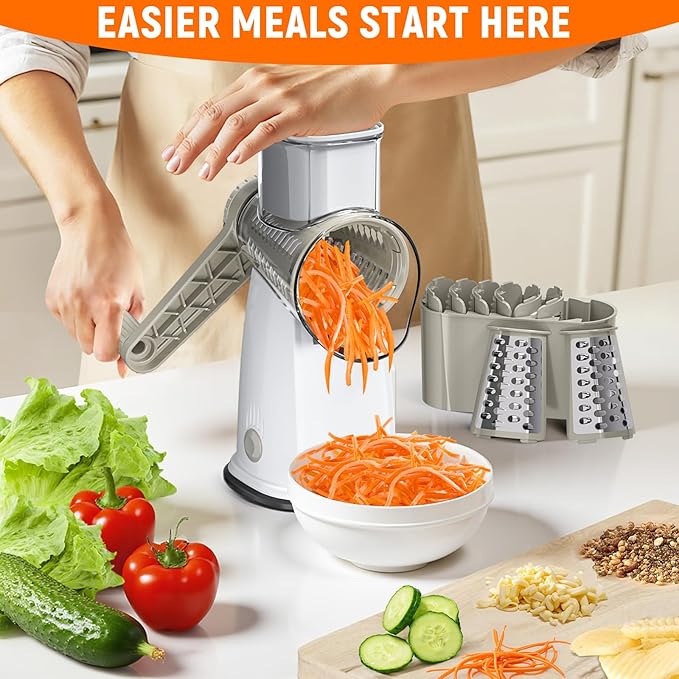 Rotary Cheese Grater Hand Crank with 5 Interchangeable Blades, Vegetable Slicer Chopper for Fruit Vegetable Nuts, Mandoline Slicer for Kitchen with Blades Rack & Suction Base, White