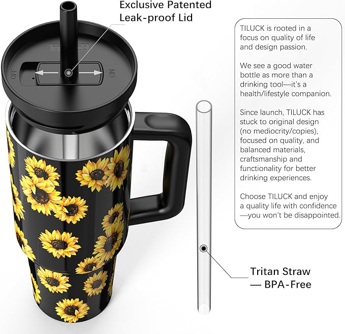TILUCK 40 oz Tumbler with Handle, Vacuum Insulated Stainless Steel Travel Mug with 100% Leak-Proof Silicone Straw Lid, Cupholder Friendly Water Bottle(SunFlower, 40oz)