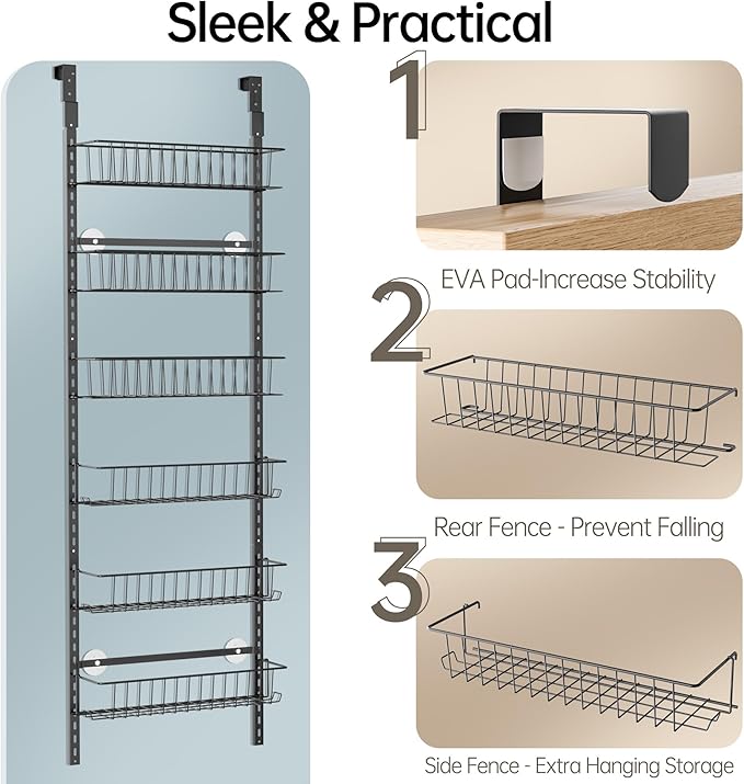 Delamu Adjustable Cabinet Door Organizer, 6-Tier Hanging Spice Rack Organizer, Metal Over the Door Pantry Organizer, Pantry Organizers and Storage Shelves for Kitchen Bathroom Laundry Room, Black