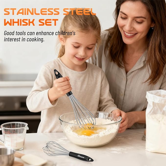 NileHome Silicone Whisk Set 8" 10" 12", 3 Pack Kitchen Whisk Kitchen Wisk Wire Whisks for Cooking, Whisking, Blending, Beating, Stirring-Black Silver