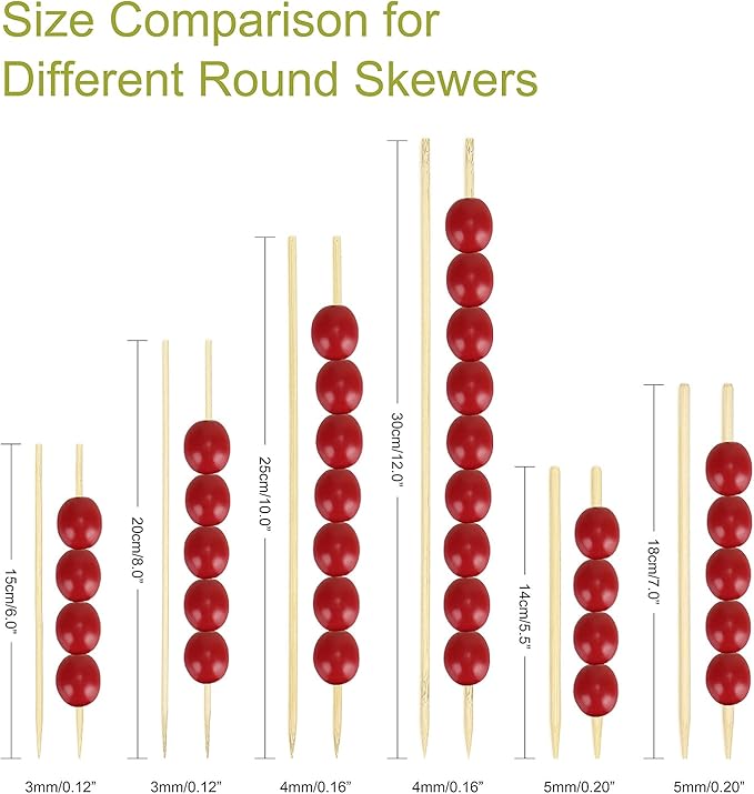 Minisland Premium 6 inch Bamboo Skewers for Appetizers Fruit Kabobs 3mm Thin Small Short Wooden Food Sticks 100 Counts, Many Sizes Choices 4.7"/5.5"/6"/7"/8"/10"/12" -MSL164