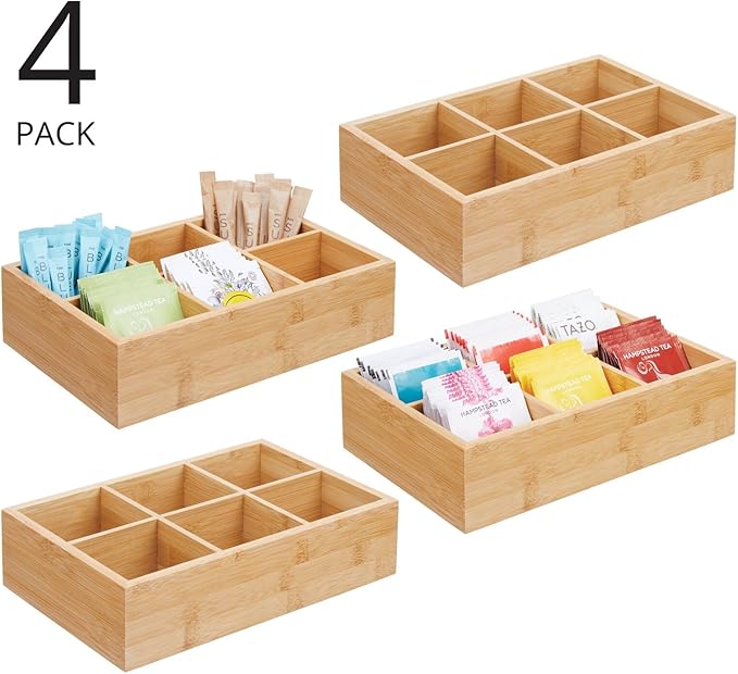 mDesign Bamboo Tea & Food Storage Organizer Container Box - Wooden Holder Case for Tea Bags, Coffee, Snacks, Sugar, Sweeteners, and Small Packets - Echo Collection - 4 Pack - Natural Wood