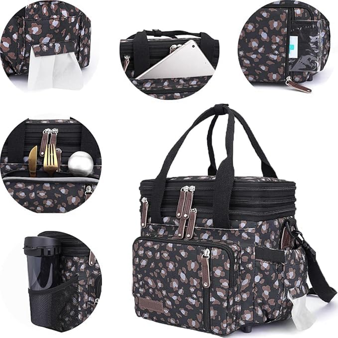 MOV COMPRA Leopard Lunch Bags for Women,Expandable Large Lunch Box,Leakproof Double Deck Lunch Box Cooler Tote Bag with Removable Shoulder Strap（Leopard Print）