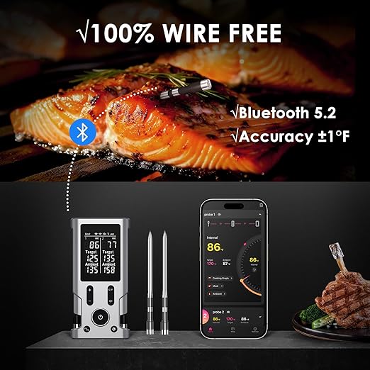 Wireless Meat Thermometer, 800FT Bluetooth Cooking Thermometer, 2 Ultra-Thin Probes, LCD Display, Digital Food Thermometer for Grill, BBQ, Smoker, Air Fryer, Rotisserie