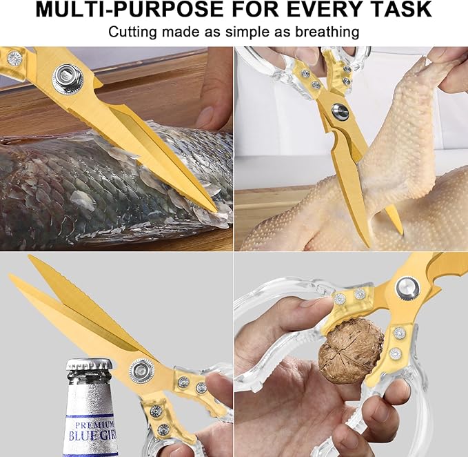 CGBE Kitchen Scissors, Multi-Purpose Kitchen Shears, Heavy Duty Dishwasher Safe Food Scissors for Chicken, Poultry, Fish, Meat & Herbs with Non-Slip Grips - Transparent Gold