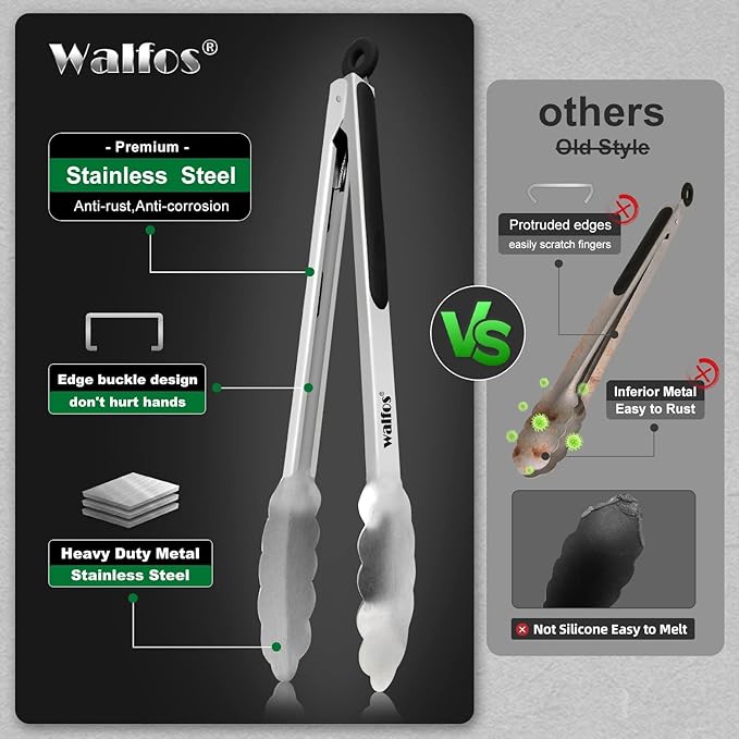Walfos Stainless Steel Kitchen Tongs for Cooking- 7 ，9 and 12 Inch, Food Grade Metal Tongs for Cooking, BBQ, Set of 3 Heavy Duty Locking Cooking Tongs Non-Slip Grip