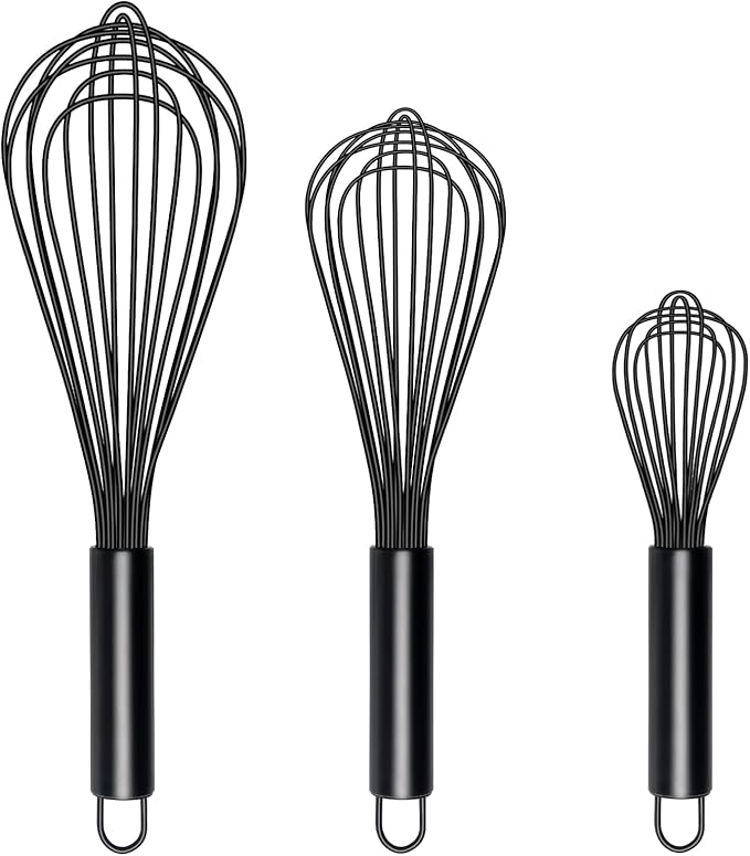 TEEVEA Silicone Whisk Set of 3 Non Scratch Non Stick Silicone Coated Stainless Steel Wire Whisks Heat Resistant 480°F Kitchen Wisk for Cooking Blending Whisking Tool Black