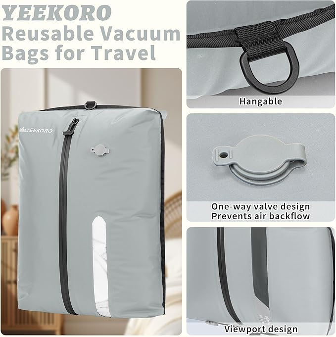 Vacuum Bag for Travel, Professional IPX8 Waterproof Reusable Vacuum Compression Bags for Travel Suitcases, Durable Space Saver Bag(2 PACK,With Pump)