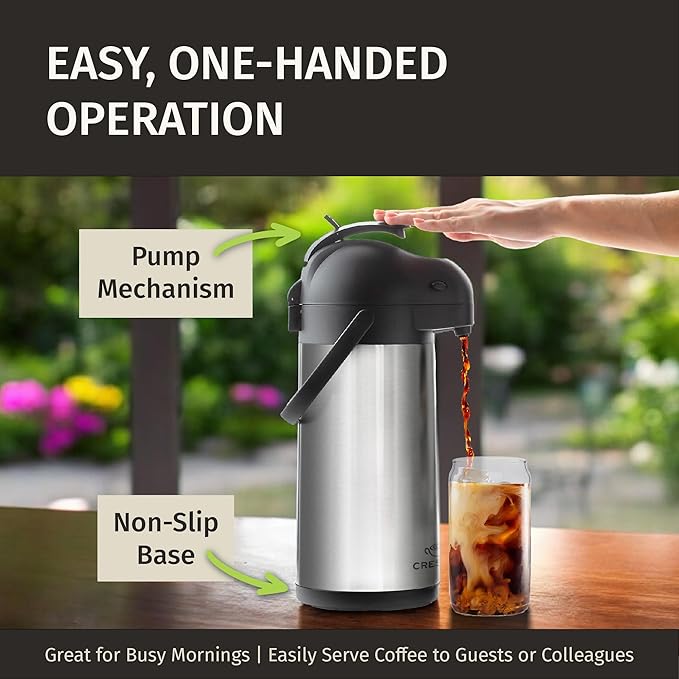 Cresimo Coffee Carafe with Pump - 102oz / 3L Airpot 12 Hours Large Hot Water Carafe, Cocoa Dispenser for Parties - Tea Flask, Insulated Stainless Steel Airpots for Hot Beverage Dispenser -Coffee Pump