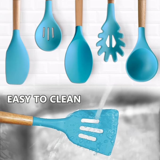 Kitchen Utensils Set 6-Piece Non-Stick Silicone Cooking Utensils Set, Wood Handle Heat Resistant Spatula Spoon Turner Ladle Pasta Server Cooking Kitchen Gadgets BPA Free for Nonstick Cookware