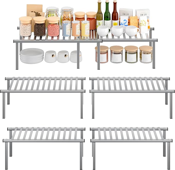 STORAGE MANIAC Set of 4 Expandable Kitchen Cabinet Organizer Shelf Kitchen Counter Shelves Spice Rack Kitchens Storage Wire Shelf Adjustable Metal Pantry Storage for Plate Dish, Grey