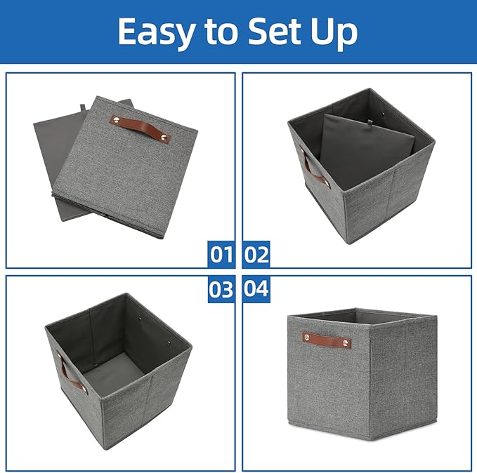 Temary 11 Inch Cube Storage Bins 4PCs Fabric Storage Cubes Storage Baskets Organizer with Handles, Foldable Baskets for Organizing Clothes, Toys, Towels (Grey, 11x11x11)