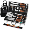 ROMANTICIST 26pcs Stainless Steel Grill Tool Set, Heavy Duty BBQ Grilling Accessories Gifts for Men Dad, Non-Slip Grill Utensils Kit with Apron, Thermometer, Mats in Aluminum Case for Christmas Brown