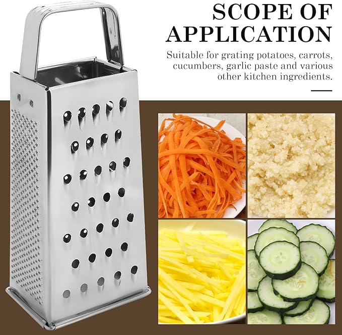 Stainless Steel Vegetable Grater, 4-Sided Portable Metal Grater, Cheese Grater with Handle for Kitchen (8inch)