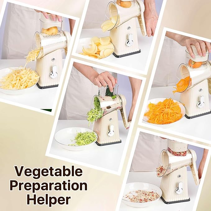 Manual Rotary Cheese Grater, White, 5-in-1 Vegetable Slicer with Suction Base, Stainless Steel Blades, Hand Crank Design for Kitchen