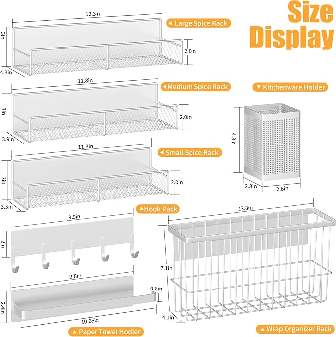 Magnetic Spice Rack for Refrigerator, 7 Pack 100% Metal Strong Magnet Shelf, Spice Organizer W/ Paper Towel Holder, Hook Rack, Utensil Caddy & Cutting Board Holder, Home Kitchen Organization (White)