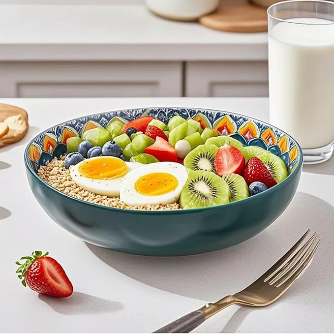 OZY Large Serving Bowls,10 inch Ceramic Salad Bowls,Ideal Housewarming Gift,Vibrant Color Soup Bowls for Party,Pasta,Fruit,Dishwasher & Microwave Safe Soup Bowls (Green)