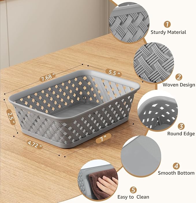 MaxGear Organization and Storage 3 Packs, Plastic Bins Organizer Bins, Woven Baskets for Storage, Plastic Baskets with Handles, Grey Basket for Organizing, Basket Organizer for Home and Office, Small