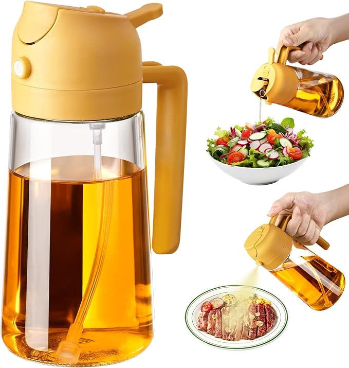 Oil Sprayer for Cooking, 16oz/470ml 2 In 1 Glass Olive Oil Sprayr & pourer for Kitchen, Air Fryer, Cooking, Salad, BBQ (Yellow)