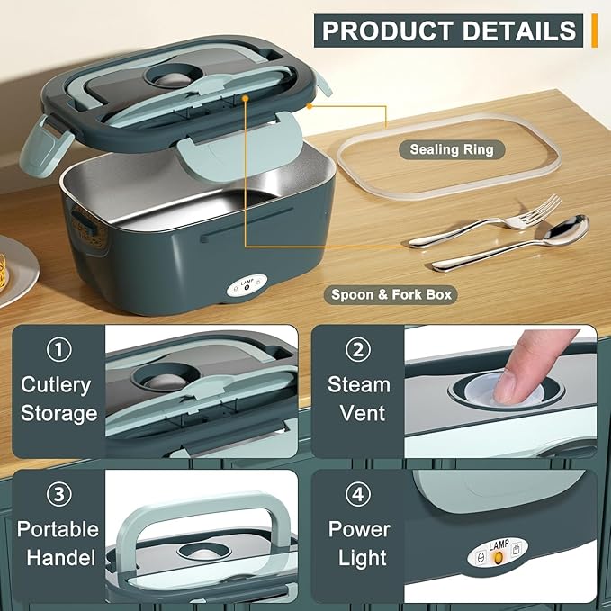 Monteka Electric Lunch Box Food Heater, Upgrade 100W High Power Portable Food Warmer, Heated Lunch Box for Adults Car/Home with 1.8L Removable Stainless Steel Container, 12V/24V/110V/220V