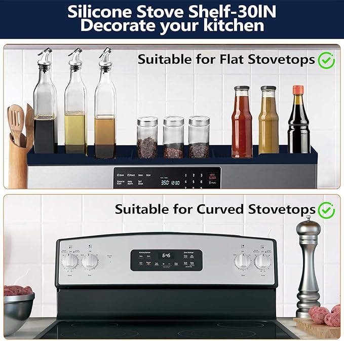 AWOKE Stove Top Shelf 30 Inch - Silicone Material Magnetic Shelf for Stove - 3 Functional Partitions Kitchen Spice Rack Organizer-Navy Blue,Kitchen Gadgets Storage Organization