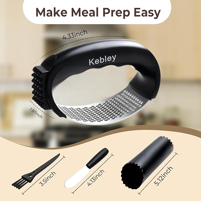 Garlic Press Rocker Stainless Steel Garlic Crusher, Mincer and Chopper with Peeler and Scraper,brush, Easy Kitchen Gadget for Effortless Smashing