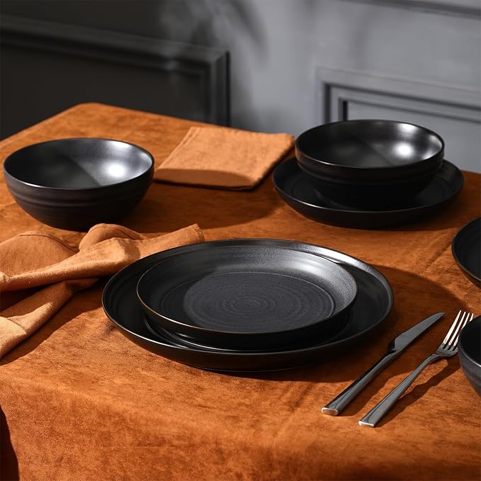 Stone Lain Elio 12-Piece Dinnerware Set Stoneware, Plates and Bowls Set, Dish Set for 4, Black