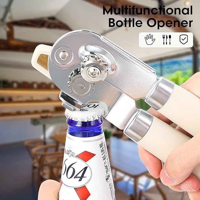 Beneno Heavy Duty Hand Can Opener Manual with Magnet, Durable Sharp Carbon Steel Blade Smooth Cutting, Big Effort-Saving Knob & Soft Grip Handle, Multifunctional Kitchen Tool with Bottle Opener, Beige