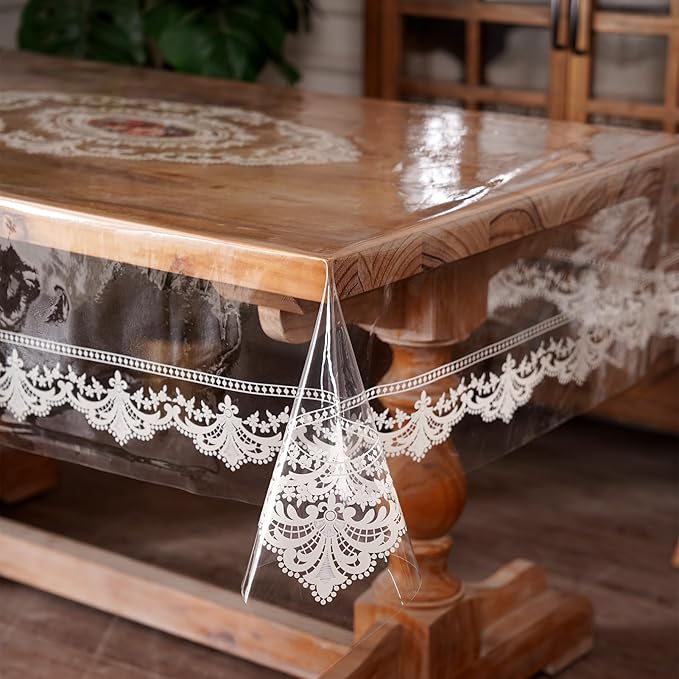 Waterproof Clear Table Cover Protector, Vinyl Rectangle Table Cloth with Lace Pattern Oil Spill Proof Wipe Clean Plastic Tablecloths for Dining Tables (French Lace, 55 x 84 Inches)