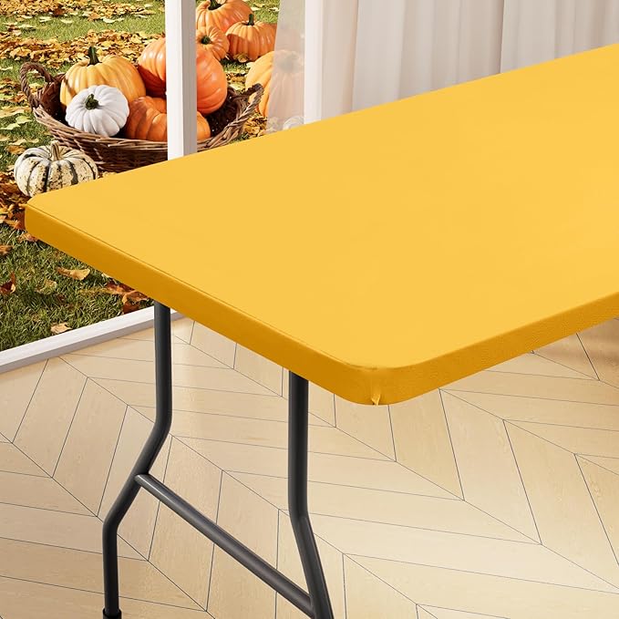homing Rectangle Table Cloth Cover, Waterproof Polyester Elastic Fitted Tablecloth, Fits for 6 Foot Folding Tables, Washable Table Protector for Fall, Thanksgiving (Mustard Yellow, 30" x 72")