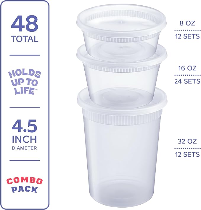 GUSTO To Go Food Containers with Lids [8 oz, 16 oz, 32 oz - 48 Count] - Deli Plastic Food Storage Containers with Lids for Meal Prep, Leftovers, and Freezer Storage - Formerly Comfy Package