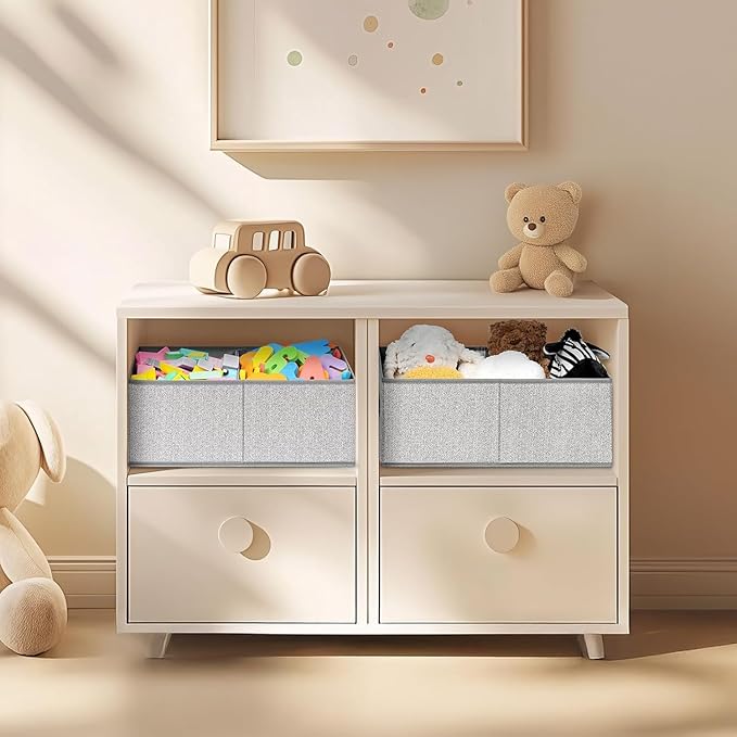 DIMJ Storage Baskets for Shelves 8 Packs - Large Trapezoid Closet Organizer Bins with Handles and Divider, Foldable Clothes Containers Box for Shelf, Towel, Book, Toy, Purse, Grey