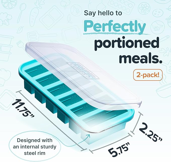 Souper Cubes 1/2 Cup Silicone Freezer Molds with Lids, Perfect for Storing Soups, Sauces, Juices, Desserts, Smoothie Prep and More, 1/2 Cup Silicone Freezer Trays - Aqua - 2-Pack