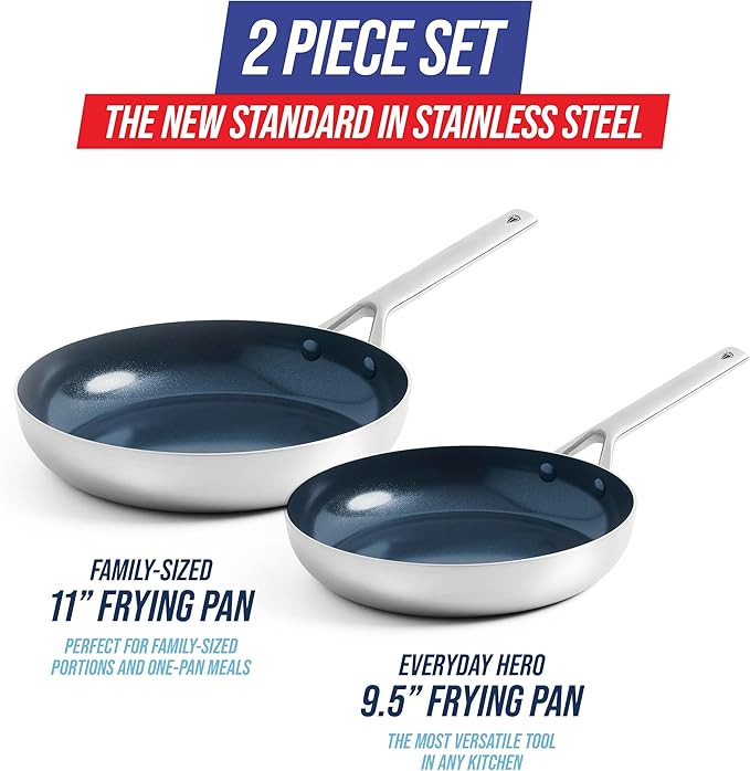 Blue Diamond Tri-Ply Stainless Steel 9.5” & 11" Frying Pan Skillet Set, Healthy Ceramic Nonstick, PFAS-Free, Multi Clad, Induction, Dishwasher & Oven Safe, Versatile Kitchen Essential