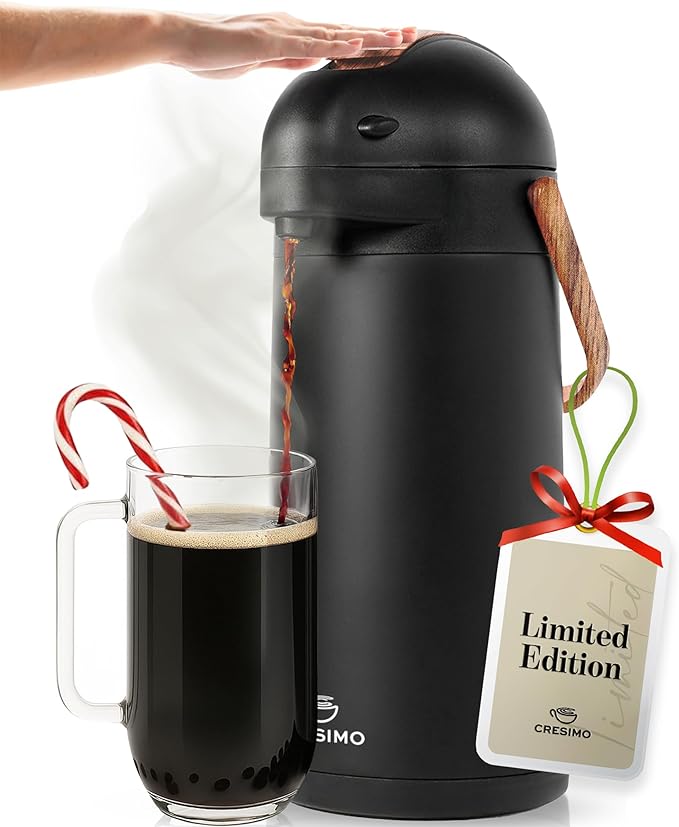 Thermal Coffee Carafe 102Oz w/Wood Trim, Keeps Coffee Hot for 12Hrs & Cold for 36Hrs-Premium Stainless Steel Carafe for Hot Liquids, Easy One-Handed Dispensing for Office, Home, Party, Durable Airpot