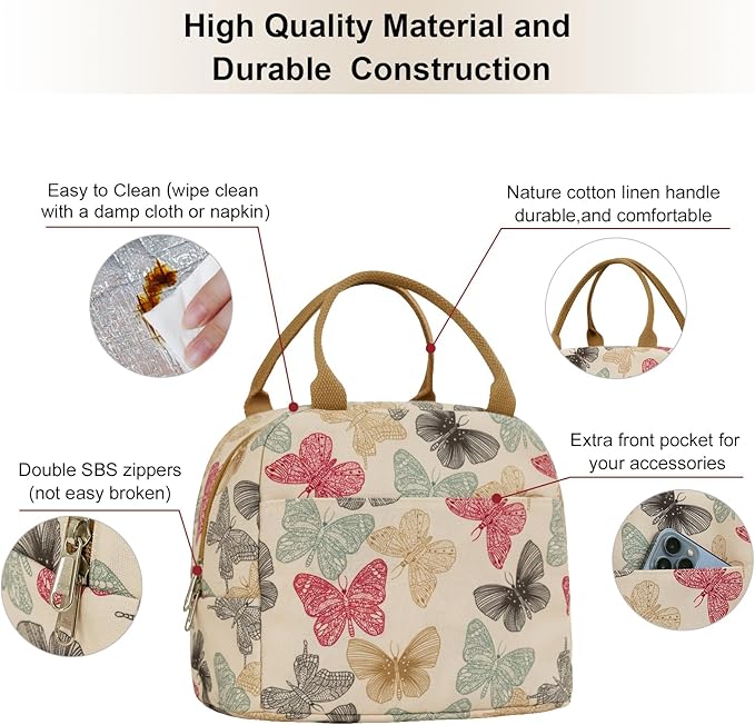 EurCross Beige Butterfly Lunch Bag for Women Work Daily Use Necessaries Storage, Reusable Medium Adult Lunch Tote Sack Bag for Bento Box with Insulated Liner