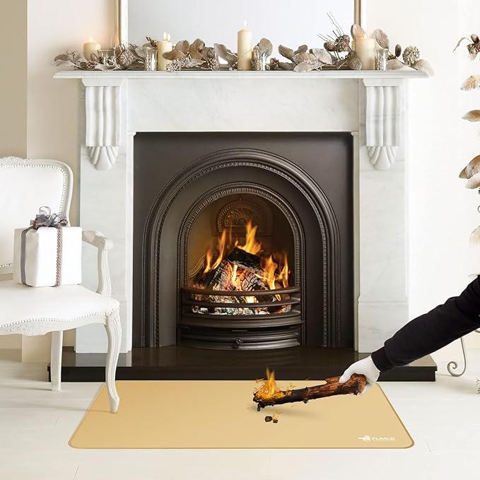 FLASLD Large Under The Grill Protective Deck and Patio Mat, 32 x 60 inches Oil-Proof, Fireproof Indoor Fireplace Mat Prevents Ember Damage Wood Floor, Khaki