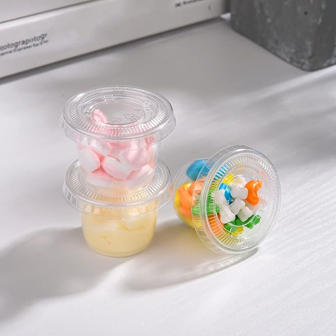 EDI [1 OZ, 100 Sets] Clear Disposable Plastic Portion Cups With Leakproof Lids | Jello Shot, Condiment, Dipping Sauce, Souffle Cups | BPA Free | Recyclable