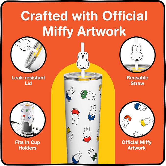 Dragon Glassware | Miffy 24 oz Vacuum Insulated Tumbler with Lid and Straw - Tumbler Cup with 2 Straws - Stainless Steel Tumbler with Straw Topper for Water, Iced Tea - Iconic