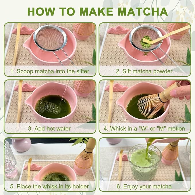 Matcha Set–7-Piece Set Including Matcha Bowl with Spout, Whisk, Chasen Holder, Sifter, Bamboo Scoop with Stand, wood spoon(Cherry Blossom Pink)–Perfect for Matcha Lovers&Tea Ceremonies
