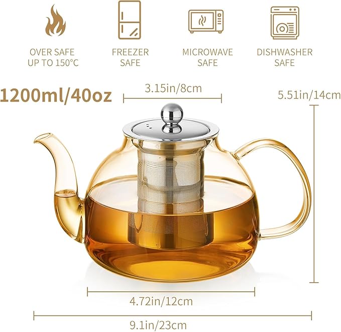 40OZ (1200ML) Glass Teapot with Infuser Stovetop Safe, Clear Glass Tea Pot Kettle, Borosilicate Tea Pot with Infusers Filter for Loose Tea, Tea Kettle Dishwasher Safe (Champagne)