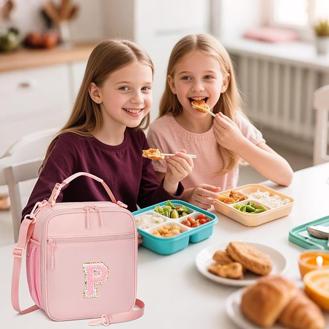 Initial Insulated Lunch Bag for Girls Kids, Back to School Gift, Reusable Leak-proof Lunch Box with Adjustable Strap for School Daycare Travel Picnic (Pink,P)