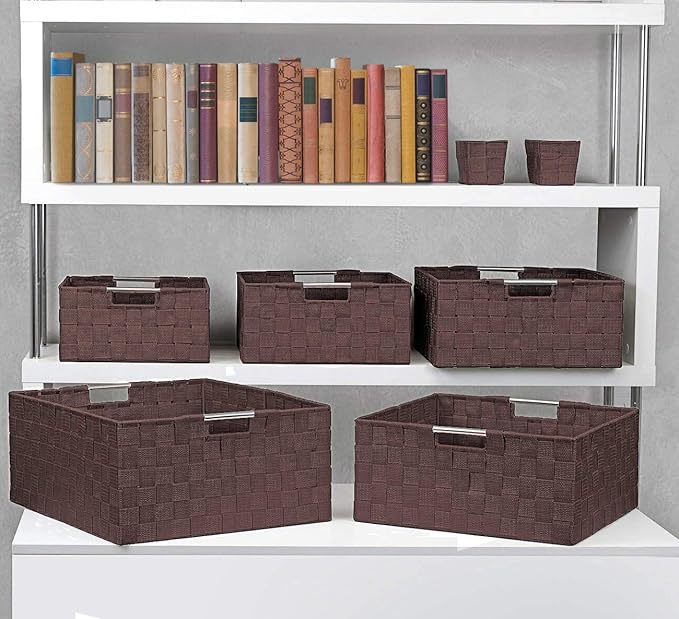 Sorbus Storage Baskets for Organizing (Set of 7), Mesh Hand-Woven Design, Linen Closet Organizers and Storage, Organizer Storage Baskets for Shelves, Variety Pack Organizers and Storage (Chocolate)